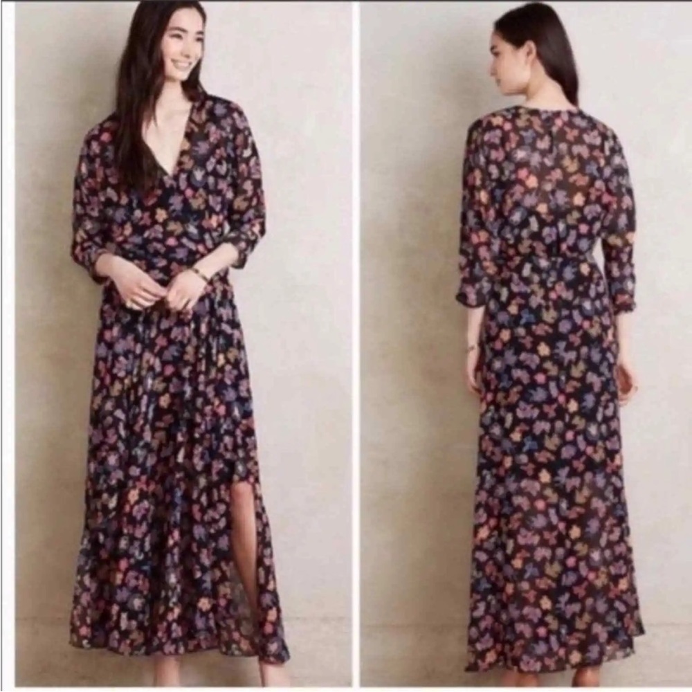 Anthropologie HD in Paris staggered hem Floral fall black dark dress size 8